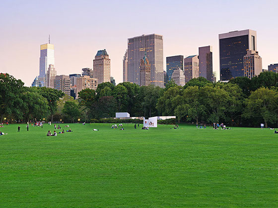 The Central Park Summer Pavilion hides in the Central Park reflecting the trees in it's facades. Only some white interior volumes peek outside.