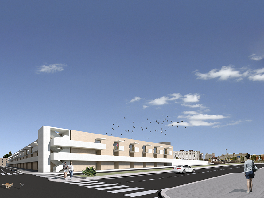 In a hot sunny day, some people walk down the street while the bright sun reflects on the white concrete of Francos Residence sculptural stairs.