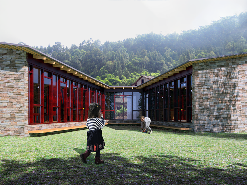 Two kids play in the inner space created by LiangMeng School Library's wings. 
