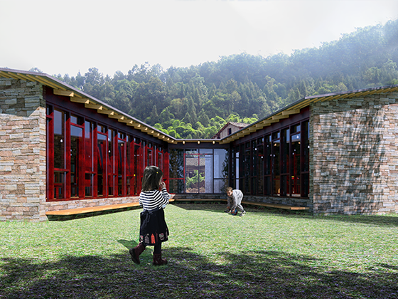 Two kids play in the inner space created by LiangMeng School Library's wings. 