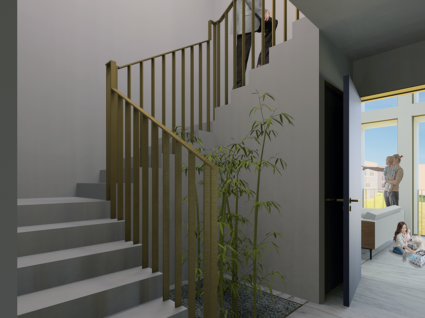 A family is seen playing in the living room while a senior climbs his stair to his room in Francos Residence duplexes.