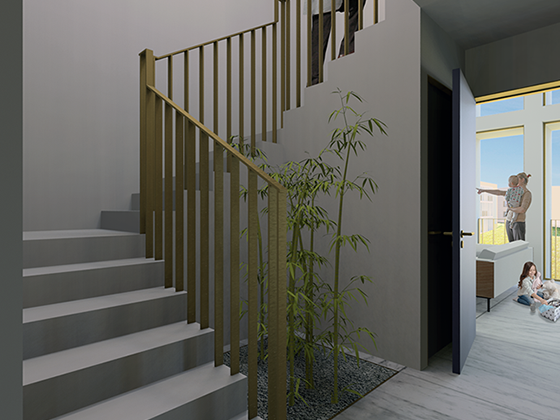 A family is seen playing in the living room while a senior climbs his stair to his room in Francos Residence duplexes.