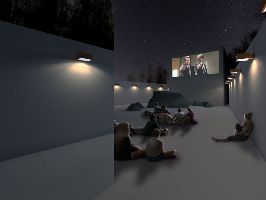 The Central Park Summer Pavilion hosts various activities, including cinema projections late at night.