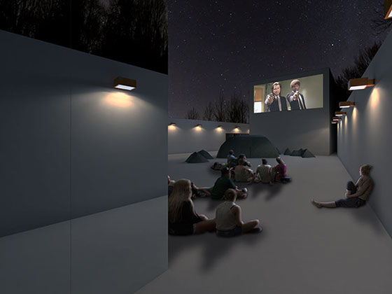 The Central Park Summer Pavilion hosts various activities, including cinema projections late at night.