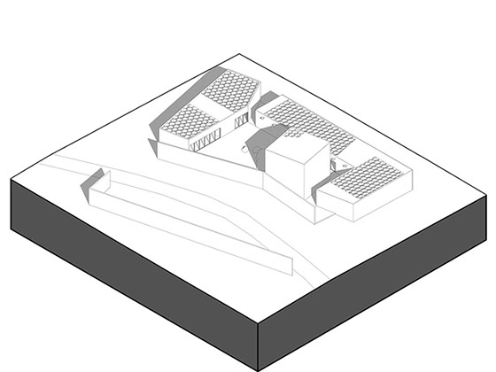 An axonometry of Central Park Summer Pavilion displays it's volumetry and honeycomb shaped roof structure to spread awareness towards bees. 