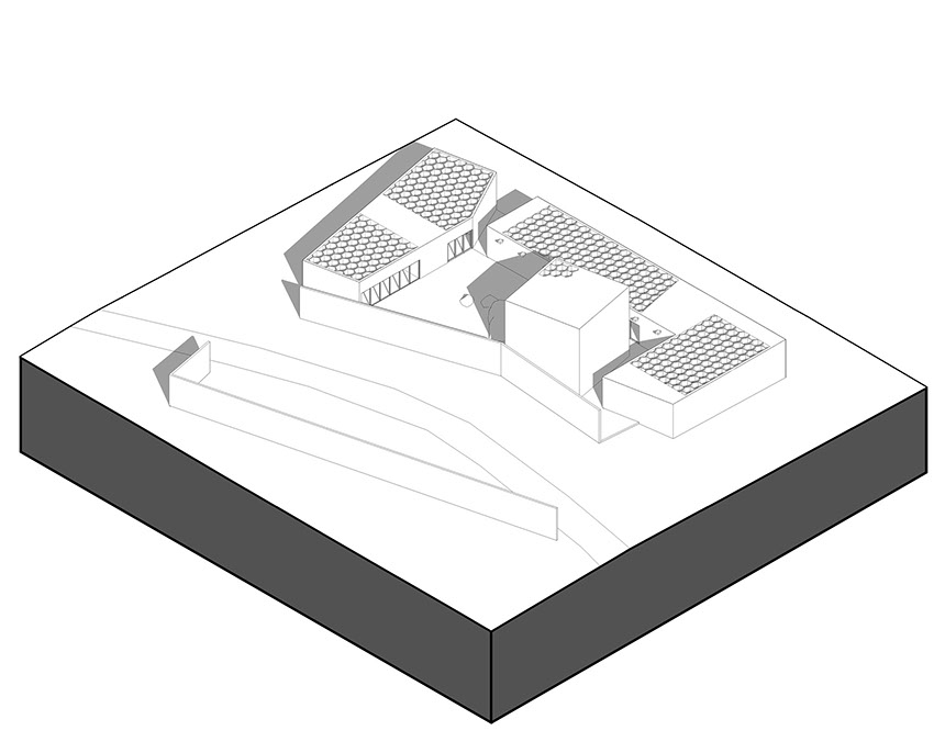 An axonometry of Central Park Summer Pavilion displays it's volumetry and honeycomb shaped roof structure to spread awareness towards bees. 