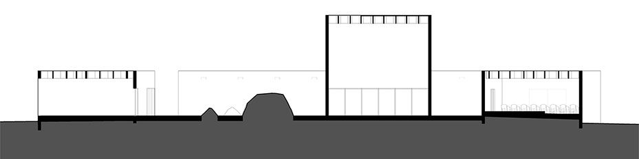 A section through the Central Park Summer Pavilion shows the connection to the landscape through the integration of a large rock. 