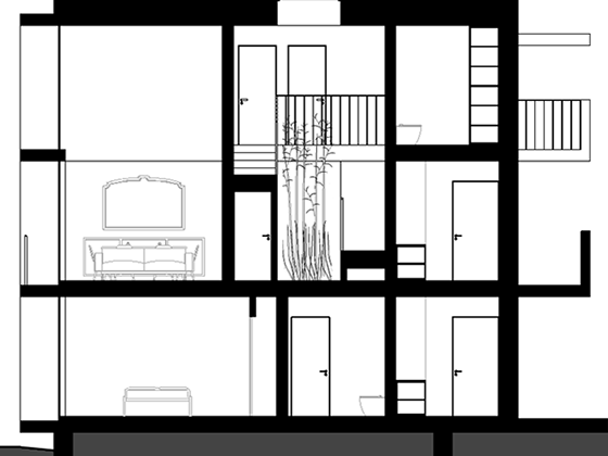 Section through Francos Residence stairs and double height living room.
