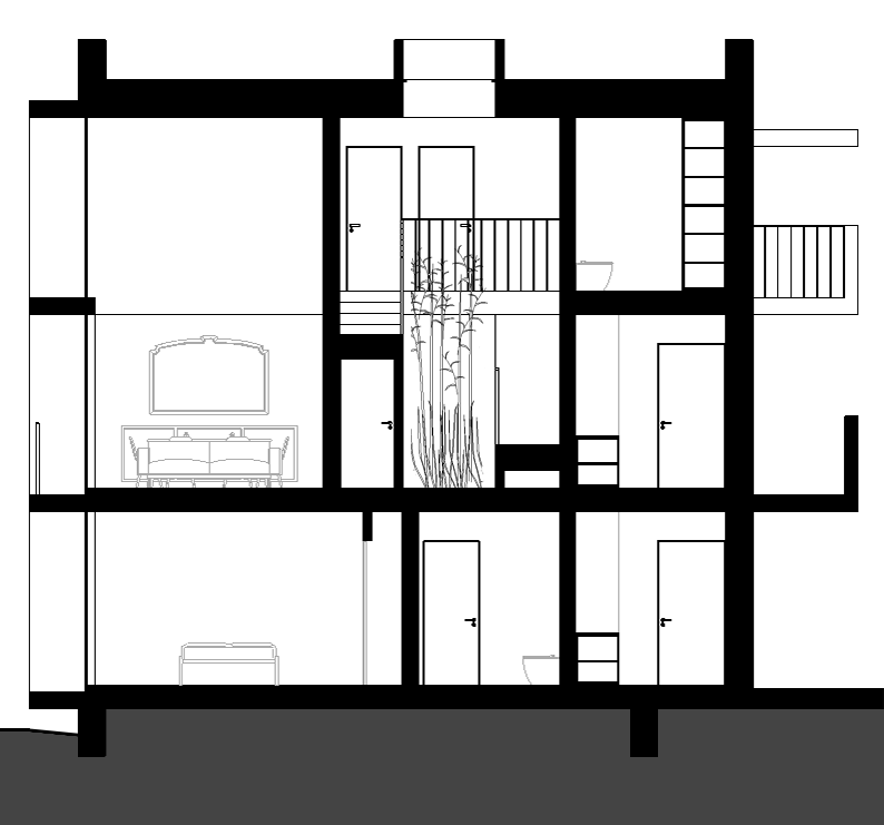 Section through Francos Residence stairs and double height living room.