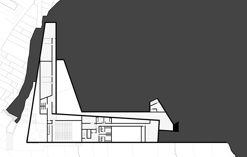Urban Art Museum third level floor plan. Performance crew restooms and workshop areas.