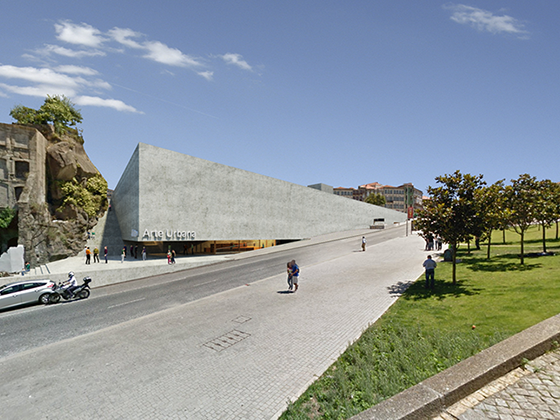The blind facade of the Urban Art Museum hides it's interior to the city. Below the massive volume a shadowy entrance invites the user.