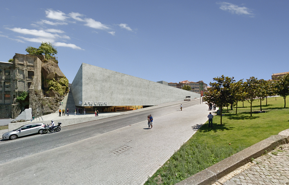 The blind facade of the Urban Art Museum hides it's interior to the city. Below the massive volume a shadowy entrance invites the user.