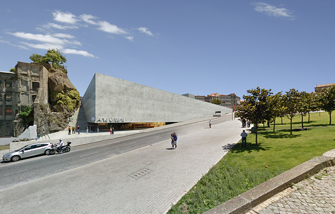 The blind facade of the Urban Art Museum hides it's interior to the city. Below the massive volume a shadowy entrance invites the user.