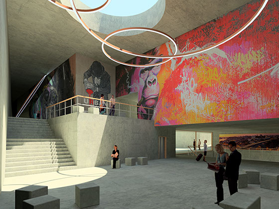 The Urban Art Museum foyer is a playful game of void and mass, almost as one is intering a cave in the clif of the site. 