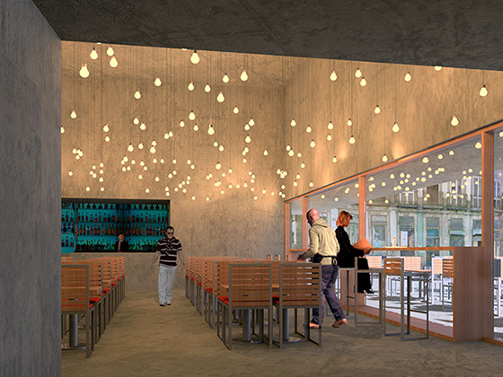 The underground appearance of the Urban Art Museum spreads to it's grandcafe, a moment where it opens to the outside for the first time.