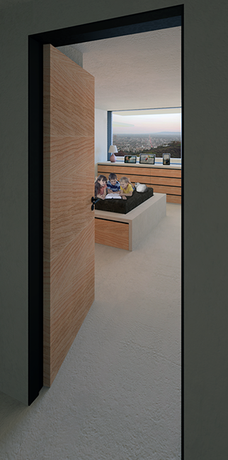 The grandkids of the couple play in the bed while their cat tries to sleep. Through the window you can see the city where they lived.