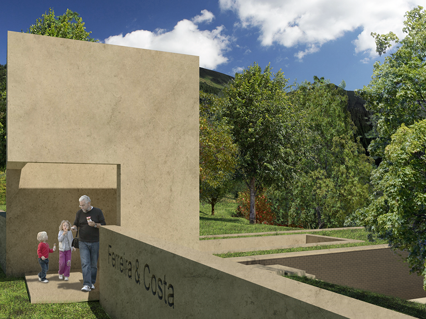 The grandfather and his grandkids leave the house. Only the marker is seen, as the house hides in the mountains and trees. 