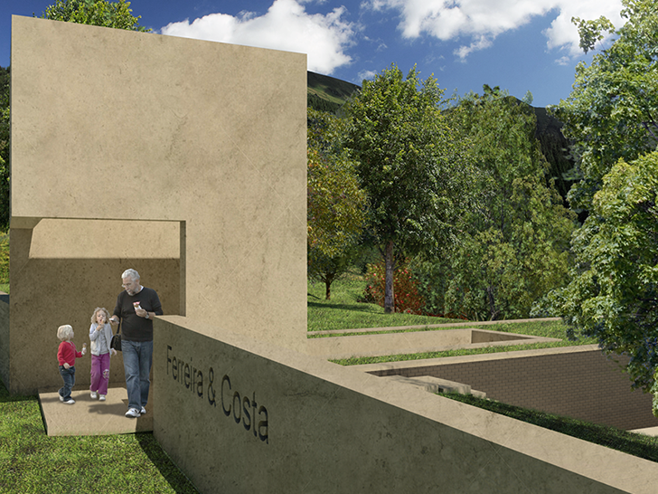 The grandfather and his grandkids leave the house. Only the marker is seen, as the house hides in the mountains and trees. 