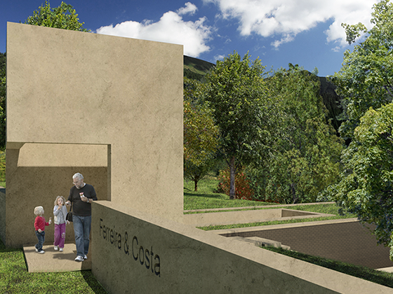 The grandfather and his grandkids leave the house. Only the marker is seen, as the house hides in the mountains and trees. 