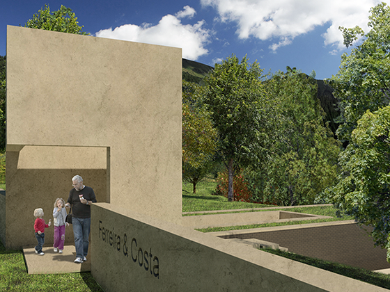 The grandfather and his grandkids leave the house. Only the marker is seen, as the house hides in the mountains and trees. 