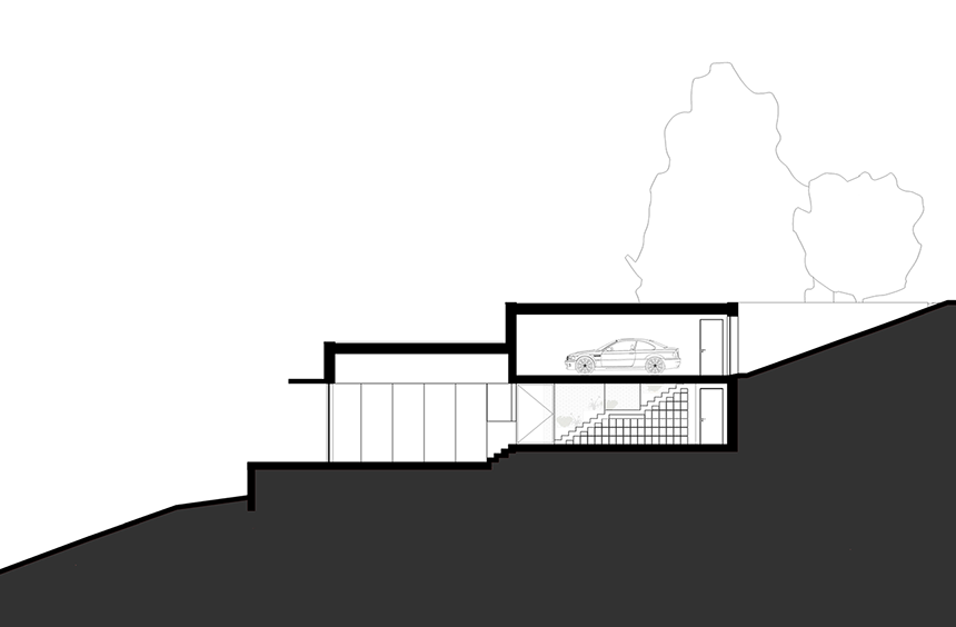 Section of Villa Ferreira & Costa through the kitchen and living room. 