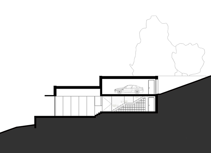 Section of Villa Ferreira & Costa through the kitchen and living room. 